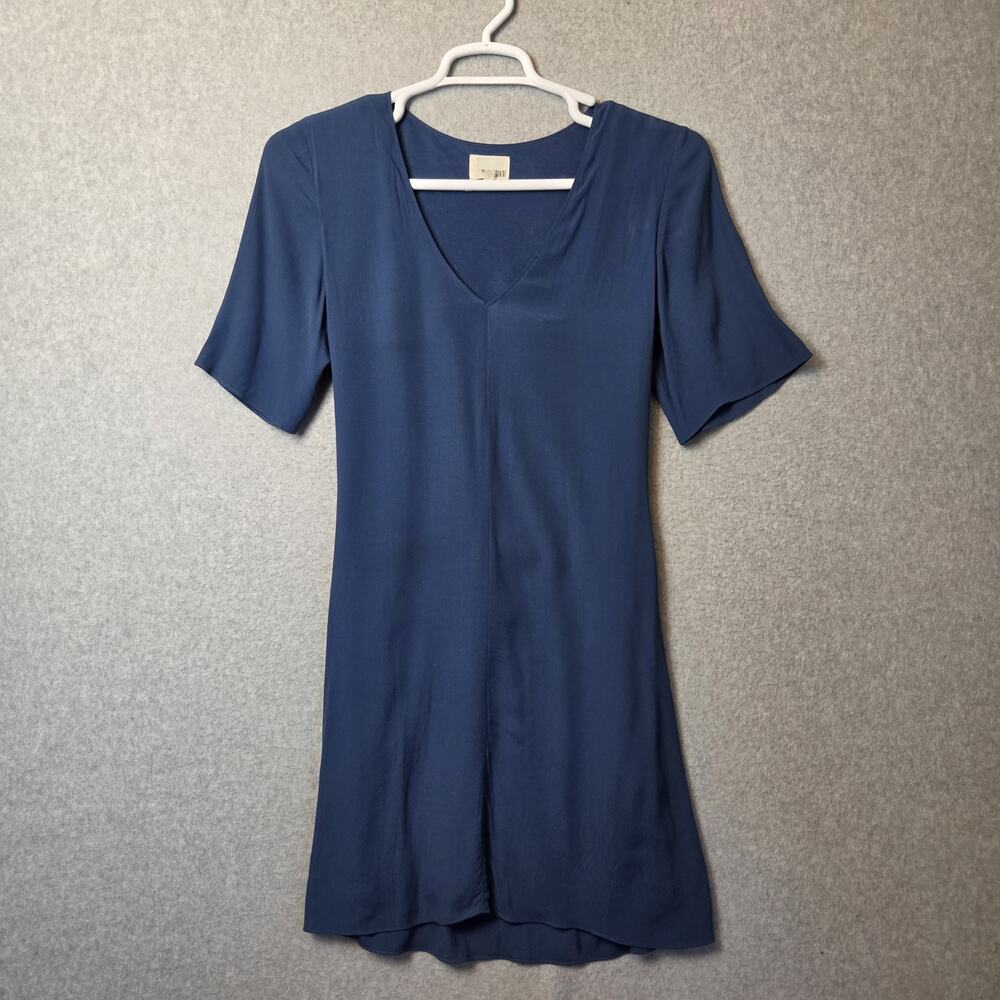 Wilfred Free Aritzia Blue Crepe SS V Neck Tie Back Mini Dress Women's Med Lined